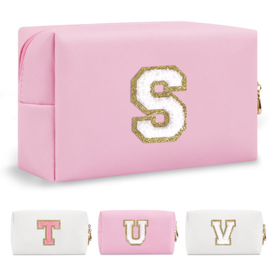 Picture of Personalized Initial A-Z Preppy Patch Makeup Bag,Small PU Chenille Letter Cosmetic Bag with Zipper for Teen Girls,Pink Cute Toiletry Organizer Bag,Monogram Makeup Case Gift for Women Girls,Letter S