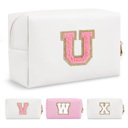 Picture of Personalized Makeup Bag Initial A-Z Preppy Patch Bag,Small PU Leather Travel Cosmetic Bag Pouch with Zipper,White Cute Toiletry Bag,Gift Ideal for Teen Girls Women Birthday Friend Mom,Letter U