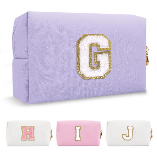 Picture of Personalized Makeup Bag Initial A-Z Preppy Patch Bag,Small PU Leather Travel Cosmetic Bag Pouch with Zipper,Purple Cute Toiletry Bag,Gift Ideal for Teen Girls Women Birthday Friend Mom,Latter G