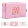 Picture of Personalized Initial A-Z Preppy Patch Makeup Bag,Small PU Leather Chenille Letter Cosmetic Bag with Zipper for Teen Girls,Pink Cute Travel Toiletry Bag,Birthday Monogrammed Gift for Daughter,Letter M