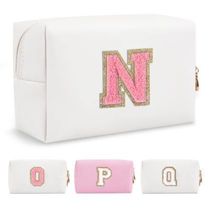 Picture of Personalized Makeup Bag Initial A-Z Preppy Patch Bag,Small PU Leather Travel Cosmetic Bag Pouch with Zipper,White Cute Toiletry Bag,Gift Ideal for Teen Girls Women Birthday Friend Mom,Letter N