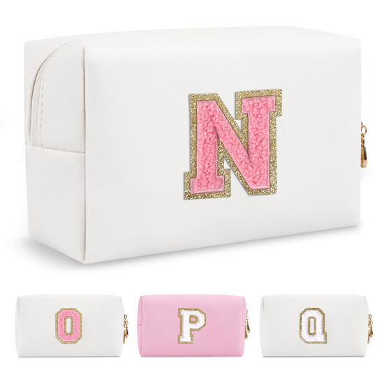 Picture of Personalized Makeup Bag Initial A-Z Preppy Patch Bag,Small PU Leather Travel Cosmetic Bag Pouch with Zipper,White Cute Toiletry Bag,Gift Ideal for Teen Girls Women Birthday Friend Mom,Letter N
