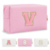 Picture of Personalized Initial A-Z Preppy Patch Makeup Bag,Small PU Leather Chenille Letter Cosmetic Bag with Zipper for Teen Girls,Pink Cute Travel Toiletry Bag,Birthday Monogrammed Gift for Daughter,Letter V
