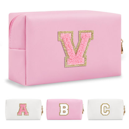 Picture of Personalized Initial A-Z Preppy Patch Makeup Bag,Small PU Leather Chenille Letter Cosmetic Bag with Zipper for Teen Girls,Pink Cute Travel Toiletry Bag,Birthday Monogrammed Gift for Daughter,Letter V