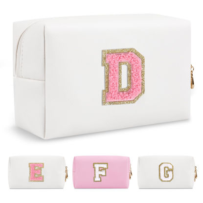 Picture of Personalized Makeup Bag Initial A-Z Preppy Patch Bag,Small PU Leather Travel Cosmetic Bag Pouch with Zipper,White Cute Toiletry Bag,Gift Ideal for Teen Girls Women Birthday Friend Mom,Letter D