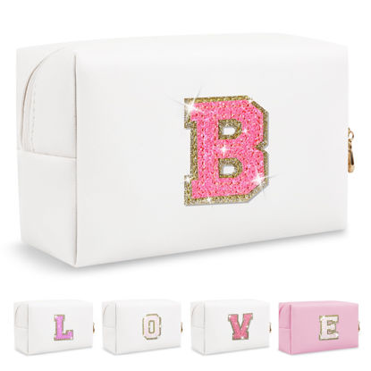 Picture of Small Personalized Initial A-Z Patch Makeup Bag,White Cute PU Leather Glitter Letter Cosmetic Bag for Teen Girls,Travel Toiletry Bag with Zipper,Preppy Monogrammed Birthday Gift for Daughter Niece B