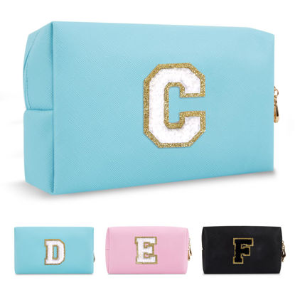 Picture of Small Personalized Initial A-Z Preppy Patch Makeup Bag,PU Chenille Letter Travel Cosmetic Pouch with Zipper,Blue Cute Toiletry Bag,Gift Ideal for Teen Girls Women Teacher Bridesmaid,Letter C