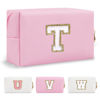 Picture of Personalized Initial A-Z Preppy Patch Makeup Bag,Small PU Chenille Letter Cosmetic Bag with Zipper for Teen Girls,Pink Cute Toiletry Organizer Bag,Monogram Makeup Case Gift for Women Girls,Letter T