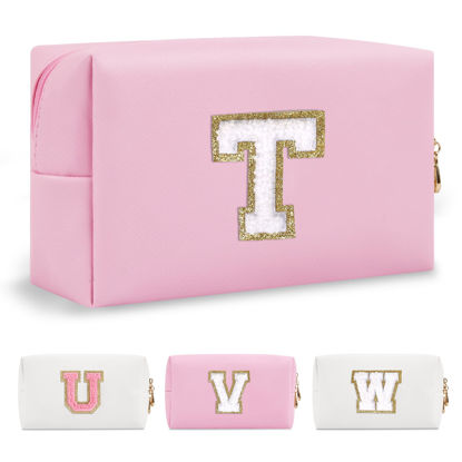 Picture of Personalized Initial A-Z Preppy Patch Makeup Bag,Small PU Chenille Letter Cosmetic Bag with Zipper for Teen Girls,Pink Cute Toiletry Organizer Bag,Monogram Makeup Case Gift for Women Girls,Letter T