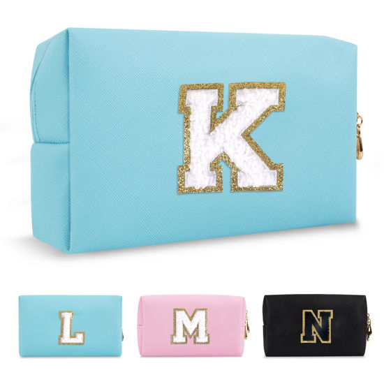 Picture of Small Personalized Initial A-Z Preppy Patch Makeup Bag,PU Chenille Letter Travel Cosmetic Pouch with Zipper,Blue Cute Toiletry Bag,Gift Ideal for Teen Girls Women Teacher Bridesmaid,Letter K