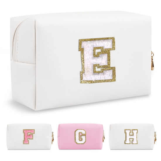 Picture of Small Personalized Initial A-Z Preppy Patch Makeup Bag,White PU Chenille Letter Travel Cosmetic Pouch with Zipper,Cute Toiletry Bag,Gift Ideal for Teen Girls Women Teacher Bridesmaid,Letter E