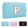 Picture of Small Personalized Initial A-Z Preppy Patch Makeup Bag,PU Chenille Letter Travel Cosmetic Pouch with Zipper,Blue Cute Toiletry Bag,Gift Ideal for Teen Girls Women Teacher Bridesmaid,Letter P