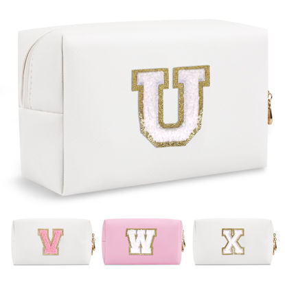 Picture of Small Personalized Initial A-Z Preppy Patch Makeup Bag,White PU Chenille Letter Travel Cosmetic Pouch with Zipper,Cute Toiletry Bag,Gift Ideal for Teen Girls Women Teacher Bridesmaid,Letter U