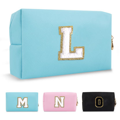 Picture of Small Personalized Initial A-Z Preppy Patch Makeup Bag,PU Chenille Letter Travel Cosmetic Pouch with Zipper,Blue Cute Toiletry Bag,Gift Ideal for Teen Girls Women Teacher Bridesmaid,Letter L