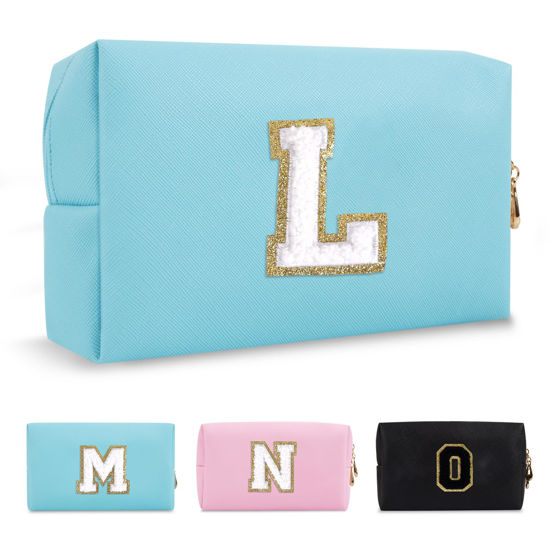 Picture of Small Personalized Initial A-Z Preppy Patch Makeup Bag,PU Chenille Letter Travel Cosmetic Pouch with Zipper,Blue Cute Toiletry Bag,Gift Ideal for Teen Girls Women Teacher Bridesmaid,Letter L