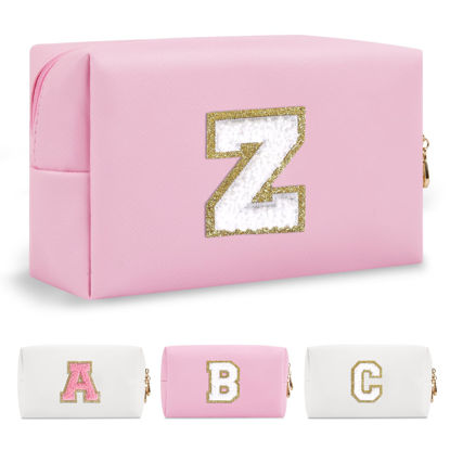 Picture of Personalized Initial A-Z Preppy Patch Makeup Bag,Small PU Chenille Letter Cosmetic Bag with Zipper for Teen Girls,Pink Cute Toiletry Organizer Bag,Monogram Makeup Case Gift for Women Girls,Letter Z