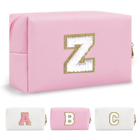 Picture of Personalized Initial A-Z Preppy Patch Makeup Bag,Small PU Chenille Letter Cosmetic Bag with Zipper for Teen Girls,Pink Cute Toiletry Organizer Bag,Monogram Makeup Case Gift for Women Girls,Letter Z