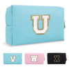 Picture of Small Personalized Initial A-Z Preppy Patch Makeup Bag,PU Chenille Letter Travel Cosmetic Pouch with Zipper,Blue Cute Toiletry Bag,Gift Ideal for Teen Girls Women Teacher Bridesmaid,Letter U