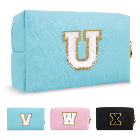 Picture of Small Personalized Initial A-Z Preppy Patch Makeup Bag,PU Chenille Letter Travel Cosmetic Pouch with Zipper,Blue Cute Toiletry Bag,Gift Ideal for Teen Girls Women Teacher Bridesmaid,Letter U