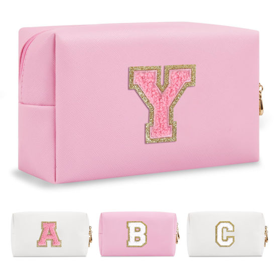 Picture of Personalized Initial A-Z Preppy Patch Makeup Bag,Small PU Leather Chenille Letter Cosmetic Bag with Zipper for Teen Girls,Pink Cute Travel Toiletry Bag,Birthday Monogrammed Gift for Daughter,Letter Y