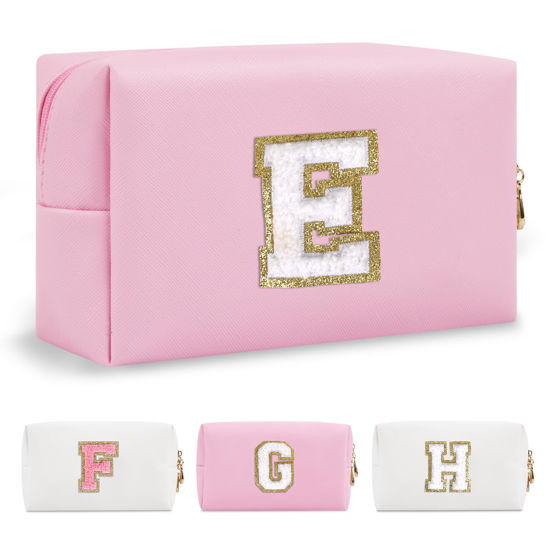 Picture of Personalized Initial A-Z Preppy Patch Makeup Bag,Small PU Chenille Letter Cosmetic Bag with Zipper for Teen Girls,Pink Cute Toiletry Organizer Bag,Monogram Makeup Case Gift for Women Girls,Letter E