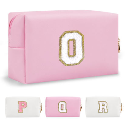 Picture of Personalized Initial A-Z Preppy Patch Makeup Bag,Small PU Chenille Letter Cosmetic Bag with Zipper for Teen Girls,Pink Cute Toiletry Organizer Bag,Monogram Makeup Case Gift for Women Girls,Letter O
