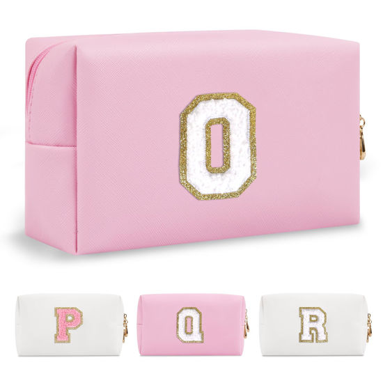 Picture of Personalized Initial A-Z Preppy Patch Makeup Bag,Small PU Chenille Letter Cosmetic Bag with Zipper for Teen Girls,Pink Cute Toiletry Organizer Bag,Monogram Makeup Case Gift for Women Girls,Letter O