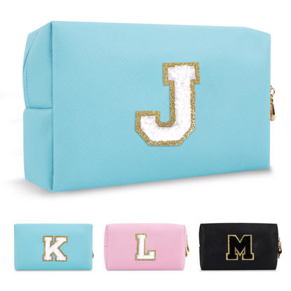 Picture of Small Personalized Initial A-Z Preppy Patch Makeup Bag,PU Chenille Letter Travel Cosmetic Pouch with Zipper,Blue Cute Toiletry Bag,Gift Ideal for Teen Girls Women Teacher Bridesmaid,Letter J
