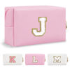 Picture of Personalized Initial A-Z Preppy Patch Makeup Bag,Small PU Chenille Letter Cosmetic Bag with Zipper for Teen Girls,Pink Cute Toiletry Organizer Bag,Monogram Makeup Case Gift for Women Girls,Letter J