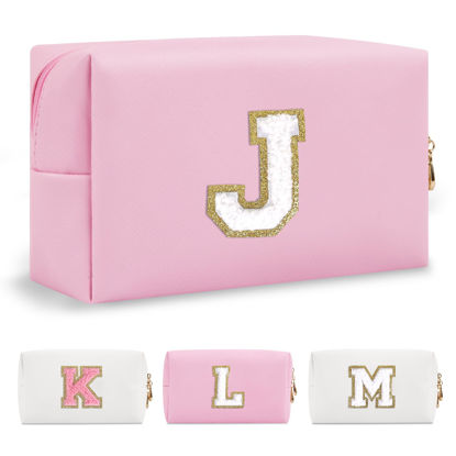 Picture of Personalized Initial A-Z Preppy Patch Makeup Bag,Small PU Chenille Letter Cosmetic Bag with Zipper for Teen Girls,Pink Cute Toiletry Organizer Bag,Monogram Makeup Case Gift for Women Girls,Letter J