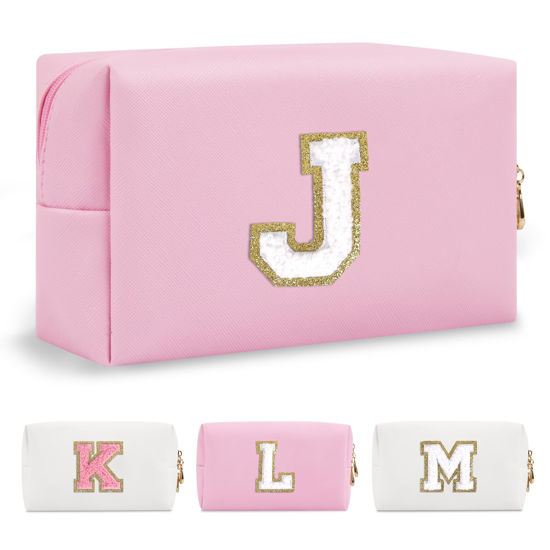 Picture of Personalized Initial A-Z Preppy Patch Makeup Bag,Small PU Chenille Letter Cosmetic Bag with Zipper for Teen Girls,Pink Cute Toiletry Organizer Bag,Monogram Makeup Case Gift for Women Girls,Letter J