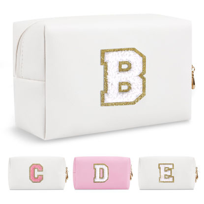 Picture of Small Personalized Initial A-Z Preppy Patch Makeup Bag,White PU Chenille Letter Travel Cosmetic Pouch with Zipper,Cute Toiletry Bag,Gift Ideal for Teen Girls Women Teacher Bridesmaid,Letter B