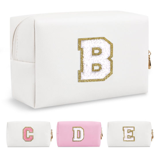 Picture of Small Personalized Initial A-Z Preppy Patch Makeup Bag,White PU Chenille Letter Travel Cosmetic Pouch with Zipper,Cute Toiletry Bag,Gift Ideal for Teen Girls Women Teacher Bridesmaid,Letter B