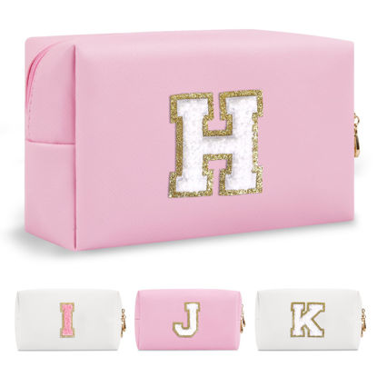 Picture of Personalized Initial A-Z Preppy Patch Makeup Bag,Small PU Chenille Letter Cosmetic Bag with Zipper for Teen Girls,Pink Cute Toiletry Organizer Bag,Monogram Makeup Case Gift for Women Girls,Letter H