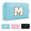 Picture of Small Personalized Initial A-Z Preppy Patch Makeup Bag,PU Chenille Letter Travel Cosmetic Pouch with Zipper,Blue Cute Toiletry Bag,Gift Ideal for Teen Girls Women Teacher Bridesmaid,Letter M