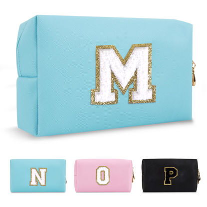 Picture of Small Personalized Initial A-Z Preppy Patch Makeup Bag,PU Chenille Letter Travel Cosmetic Pouch with Zipper,Blue Cute Toiletry Bag,Gift Ideal for Teen Girls Women Teacher Bridesmaid,Letter M