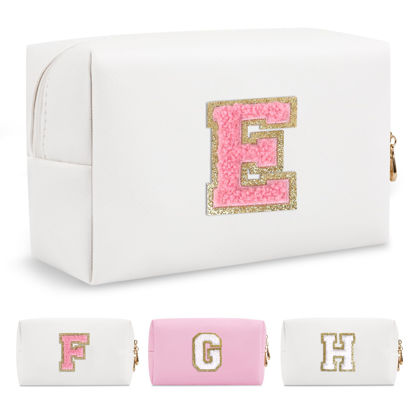 Picture of Personalized Makeup Bag Initial A-Z Preppy Patch Bag,Small PU Leather Travel Cosmetic Bag Pouch with Zipper,White Cute Toiletry Bag,Gift Ideal for Teen Girls Women Birthday Friend Mom,Letter E