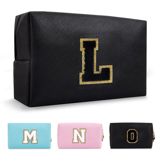 Picture of Personalized Initial A-Z Preppy Patch Makeup Bag,Small PU Chenille Letter Cosmetic Bag with Zipper for Teen Girls,Black Cute Toiletry Organizer Bag,Monogram Makeup Case Gift for Women Girls,Letter L