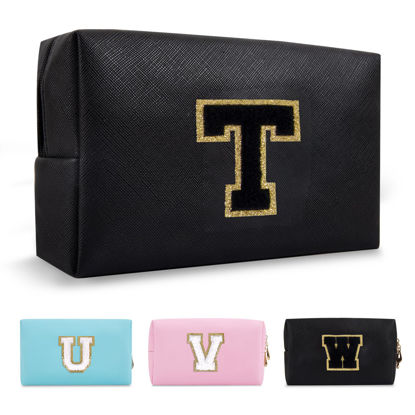 Picture of Personalized Initial A-Z Preppy Patch Makeup Bag,Small PU Chenille Letter Cosmetic Bag with Zipper for Teen Girls,Black Cute Toiletry Organizer Bag,Monogram Makeup Case Gift for Women Girls,Letter T