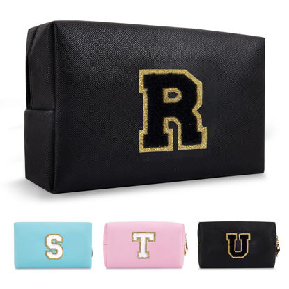 Picture of Personalized Initial A-Z Preppy Patch Makeup Bag,Small PU Chenille Letter Cosmetic Bag with Zipper for Teen Girls,Black Cute Toiletry Organizer Bag,Monogram Makeup Case Gift for Women Girls,Letter R