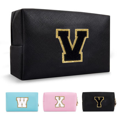 Picture of Personalized Initial A-Z Preppy Patch Makeup Bag,Small PU Chenille Letter Cosmetic Bag with Zipper for Teen Girls,Black Cute Toiletry Organizer Bag,Monogram Makeup Case Gift for Women Girls,Letter V