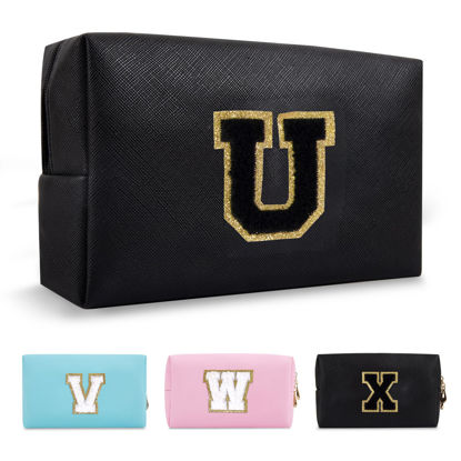 Picture of Personalized Initial A-Z Preppy Patch Makeup Bag,Small PU Chenille Letter Cosmetic Bag with Zipper for Teen Girls,Black Cute Toiletry Organizer Bag,Monogram Makeup Case Gift for Women Girls,Letter U