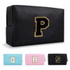 Picture of Personalized Initial A-Z Preppy Patch Makeup Bag,Small PU Chenille Letter Cosmetic Bag with Zipper for Teen Girls,Black Cute Toiletry Organizer Bag,Monogram Makeup Case Gift for Women Girls,Letter P