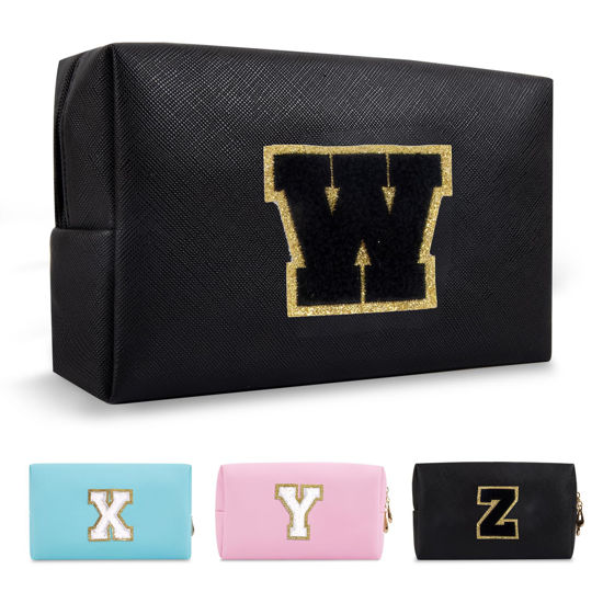Picture of Personalized Initial A-Z Preppy Patch Makeup Bag,Small PU Chenille Letter Cosmetic Bag with Zipper for Teen Girls,Black Cute Toiletry Organizer Bag,Monogram Makeup Case Gift for Women Girls,Letter W