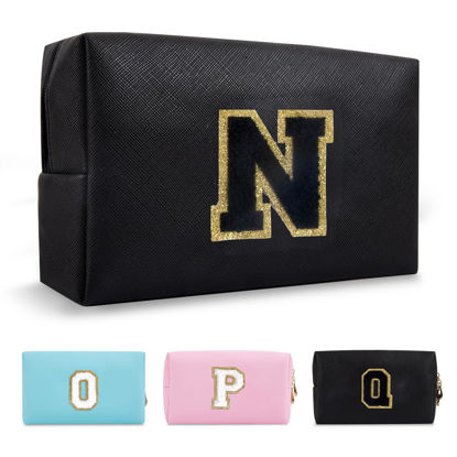 Picture of Personalized Initial A-Z Preppy Patch Makeup Bag,Small PU Chenille Letter Cosmetic Bag with Zipper for Teen Girls,Black Cute Toiletry Organizer Bag,Monogram Makeup Case Gift for Women Girls,Letter N