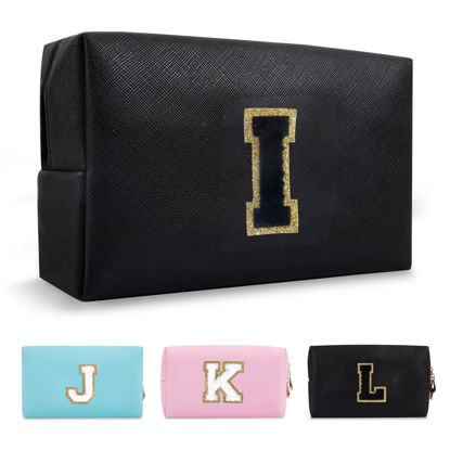Picture of Personalized Initial A-Z Preppy Patch Makeup Bag,Small PU Chenille Letter Cosmetic Bag with Zipper for Teen Girls,Black Cute Toiletry Organizer Bag,Monogram Makeup Case Gift for Women Girls,Letter I
