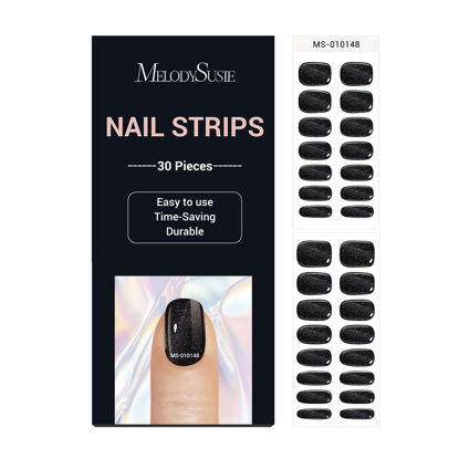 Picture of MelodySusie Semi Cured Gel Nail Strips (Black Cat Eye)- Works with Nail lamp, Salon-Quality, Long Lasting, Easy to Apply & Remove - Includes 30Pcs, 2 Prep Pads, Nail File & Wooden Stick