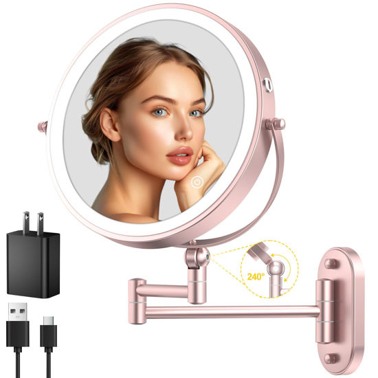 Picture of IMIKONA 9" Wall Mounted Lighted Makeup Mirror,4000mAh Rechargeable Double Sided 1X/10X Magnifying Mirror with Light,3 Color Lights,Touch Dimmable,Extended Arm 360 Rotation Wall Mounted Makeup Mirror