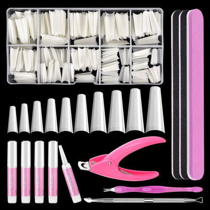 Picture of MORGLES Natural Coffin Nail Tips, Natural Coffin Nail Tips Half Cover with Glue, Clipper, Files, Cuticle Pusher and Fork for Salons and Home DIY with Box