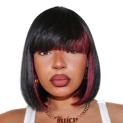 Picture of ToyoTress Peek-a-boo Burgundy Bob Wigs With Bangs - 10 Inch Yaki Straight Hair Daily Costume Wig For Black Women, Soft Short Synthetic Hair Replacement Wigs Heat Resistant (10 Inch, SH/Burg-613H)
